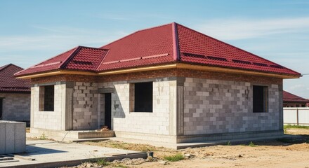 Naklejka premium Unfinished house with red roof, cinder blocks, and empty windows