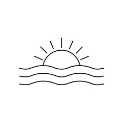 Simple Sunset Over Ocean Waves Line Art on transparent background