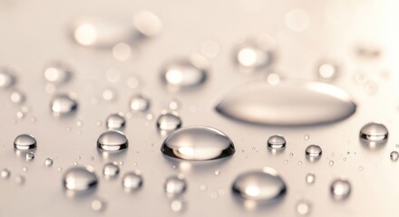 Water droplets on a flat surface, illuminated with warm light, bokeh background
