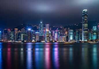 Fototapeta premium Hong kongs vibrant skyline at night reflecting in the water creates a stunning cityscape