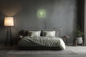 Modern bedroom with wifi symbol, serene atmosphere, comfortable bed, contemporary design
