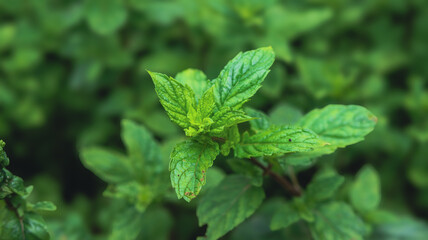 Close-up of fresh green mint leaves in a garden, aromatic herb used for cooking and medicinal purposes, selective focus  © Lovely