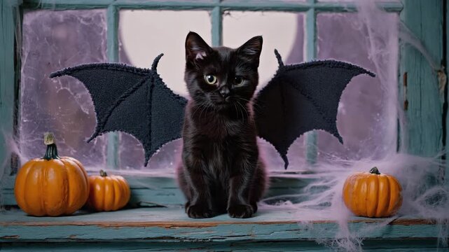 black kitten in bat costume for Halloween