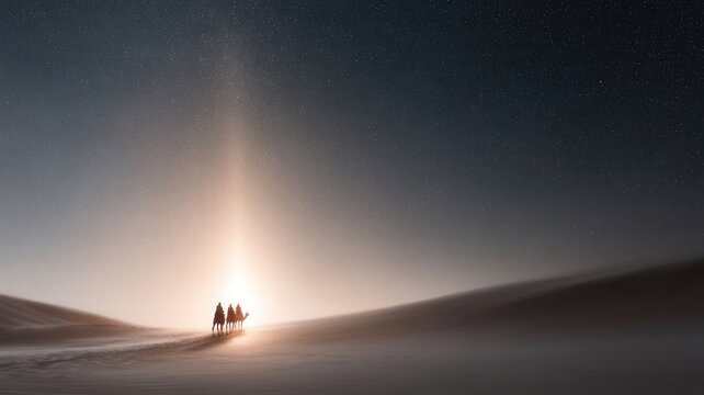Three wise men riding camels across a vast desert landscape at night, following a bright guiding in star the starry sky