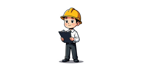 A cute cartoon engineer character concept with a hard hat and clipboard. Professional construction site inspector or architect illustration.