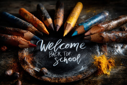 Colored pencils covering welcome back to school sign on rustic background