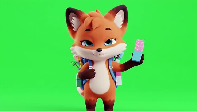 Adorable Cartoon Fox Mascot with Backpack Holding Chocolate Bar on Green Screen Animated 3D Character Isolated for Education Presentation and Back to School Content with Playful Vibe
