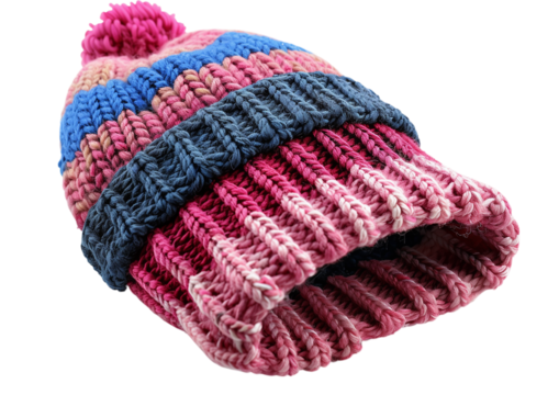 Chunky knit beanie in bright neon pink and electric blue striped pattern Isolated on a transparent background