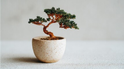 A small, twisted bonsai tree in a speckled ceramic pot