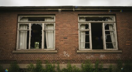 Fototapeta premium Worn brick building with two windows, broken glass, and old curtains