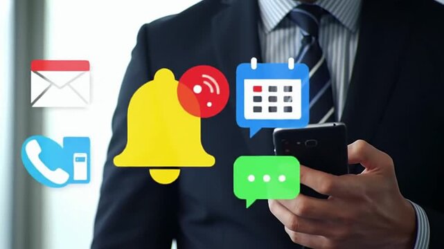 Businessman using smartphone to manage multiple notifications, including email, calendar events, phone calls, and messages, representing business communication, digital connection, and productivity