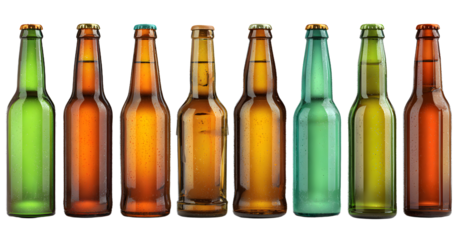 set collection of various ice cold brown and green beer bottle set collection isolated white background. alcoholic beverage design pattern concept
