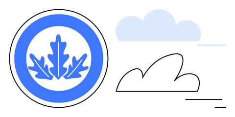 Circular badge with blue oak leaf graphic next to outlined clouds and abstract lines. Ideal for nature branding, sustainability, eco-friendly themes, environmental awareness, minimalistic designs