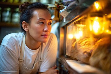 Obraz premium Woman baker checking fresh bread in bakery oven baking artisan bread bakery business food
