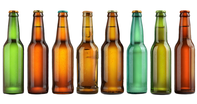set collection of various ice cold brown and green beer bottle set collection isolated white background. alcoholic beverage design pattern concept