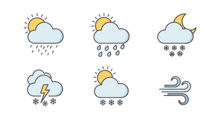 Collection of simplified weather icons illustrating various meteorological conditions forecast