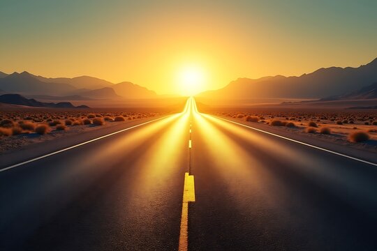 Photo of open road stretching towards the sun at sunrise, symbolizing journey and progress - Powered by Adobe