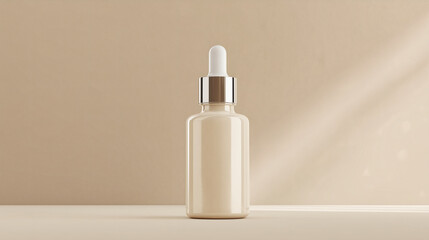 A minimalist product image of a blank cosmetic dropper bottle without text or logo, displayed on a light beige background for branding use.