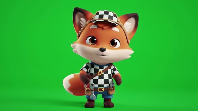 Animated Fox Character in Checkered Outfit Isolated by Green Screen Adorable Cartoon Mascot with Cheerful Expression Perfect for Educational Content Stock Video Footage