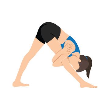 Woman doing Humble Warrior Pose or Baddha Virabhadrasana. Standing forward bend pose. Flat vector illustration isolated on white background