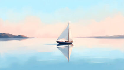 A sailboat floats peacefully on the calm water, reflecting the beautiful sky above.
