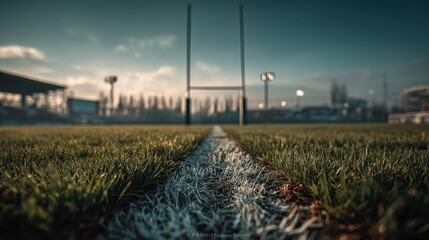 A close-up view of a rugby field, showcasing the goalposts, grass, and markings, under a moody sky with stadium lights in the background.
