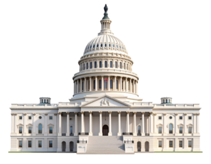 Front View of United States Capitol Building with Detailed Dome, PNG Architecture Landmark Isolated on Transparent Background