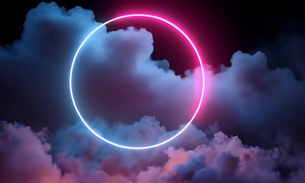
3D render of an abstract cloud illuminated with neon light in the shape of a circle on a black background with pink and blue clouds. Glowing round frame.

