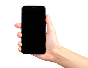 Front View of Hand Holding Modern Smartphone with Blank Screen, Isolated on Transparent Background PNG