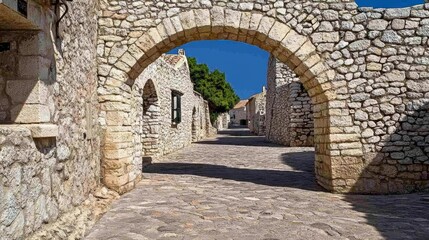 Charming Stone Archway Leading to Picturesque Medieval Town, Cobblestone Streets and Historic Beauty