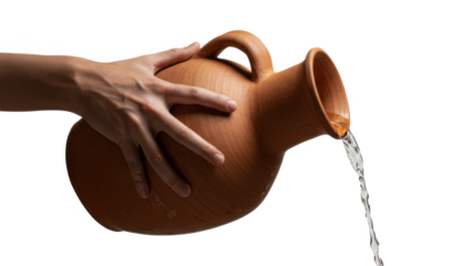 A person pouring fresh water from a traditional clay pitcher, demonstrating hydration and classic craft, on transparent background.