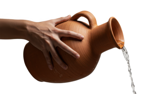 A person pouring fresh water from a traditional clay pitcher, demonstrating hydration and classic craft, on transparent background.