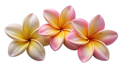 Three delicate plumeria flowers with pink and yellow petals isolated on transparent background
