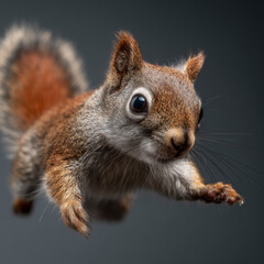 Obraz premium Red squirrel in midair, close-up view