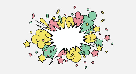 Comic explosion with speech bubble, yellow, green, and pink shapes, vector illustration