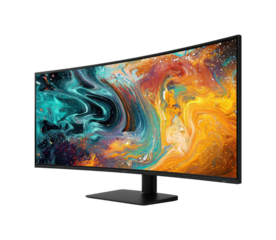 Curved monitor display setup home office technology modern workspace aesthetic productivity isolated on transparent background, png