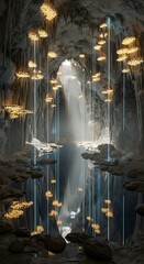 Obraz premium A mesmerizing cave interior with a waterfall, glowing formations, and serene reflections