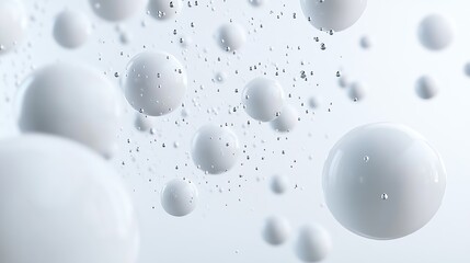 Abstract background of many white spheres, with smaller, silvery specks scattered throughout, creating a sense of movement and depth.  A light, airy, and clean aesthetic