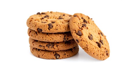 Stack of chocolate chip cookies on white background
