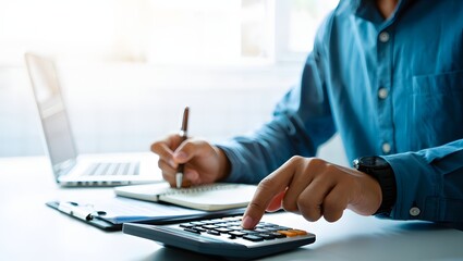 Doing finance, budgeting and tax calculation. Close up woman hand using calculator to calculate home finance, accounting with laptop computer on table, budget management, monthly expenses.