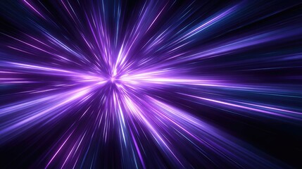 Vibrant purple and blue light beams radiate outwards from a central point.