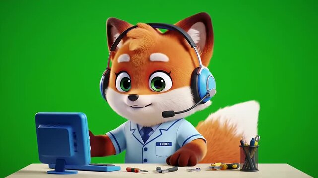 Adorable Fox Character Animation at Desk with Blue Computer and Headset on Green Screen Background, Cartoon Style Mascot with Tools Illustration, Isolated 3D Graphic Design for Digital Media