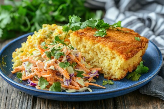 Cornbread with coleslaw and rice side dish. - Powered by Adobe