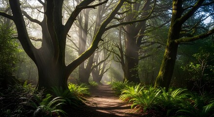 Fototapeta premium A scenic path winds through a lush forest with sunlight filtering through the trees