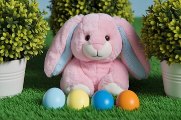 Adorable Pink Plush Easter Bunny with Colorful Eggs