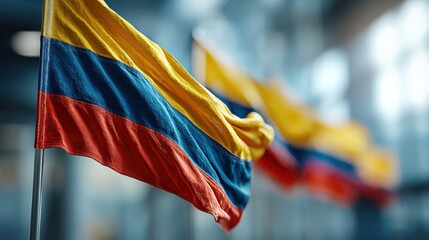 A close-up of Colombian flags displaying vibrant colors of yellow, blue, and red, creating a striking visual against a blurred background.