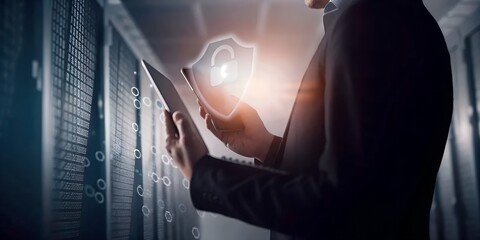 Cybersecurity concept with an IT specialist protecting a server network with a digital shield from a tablet in a data center.