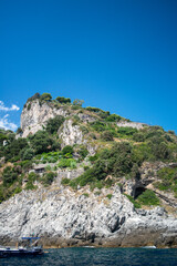 A stunning panoramic view of the Mediterranean Sea from the mountainous terrain along Italy’s Amalfi Coast.