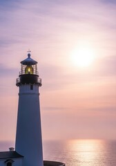 Ai generated image of lighthouse on the coast at sunset with a glowing light beam