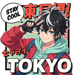 Trendy Young Character Posing Playfully With Peace Sign in Urban Tokyo Setting